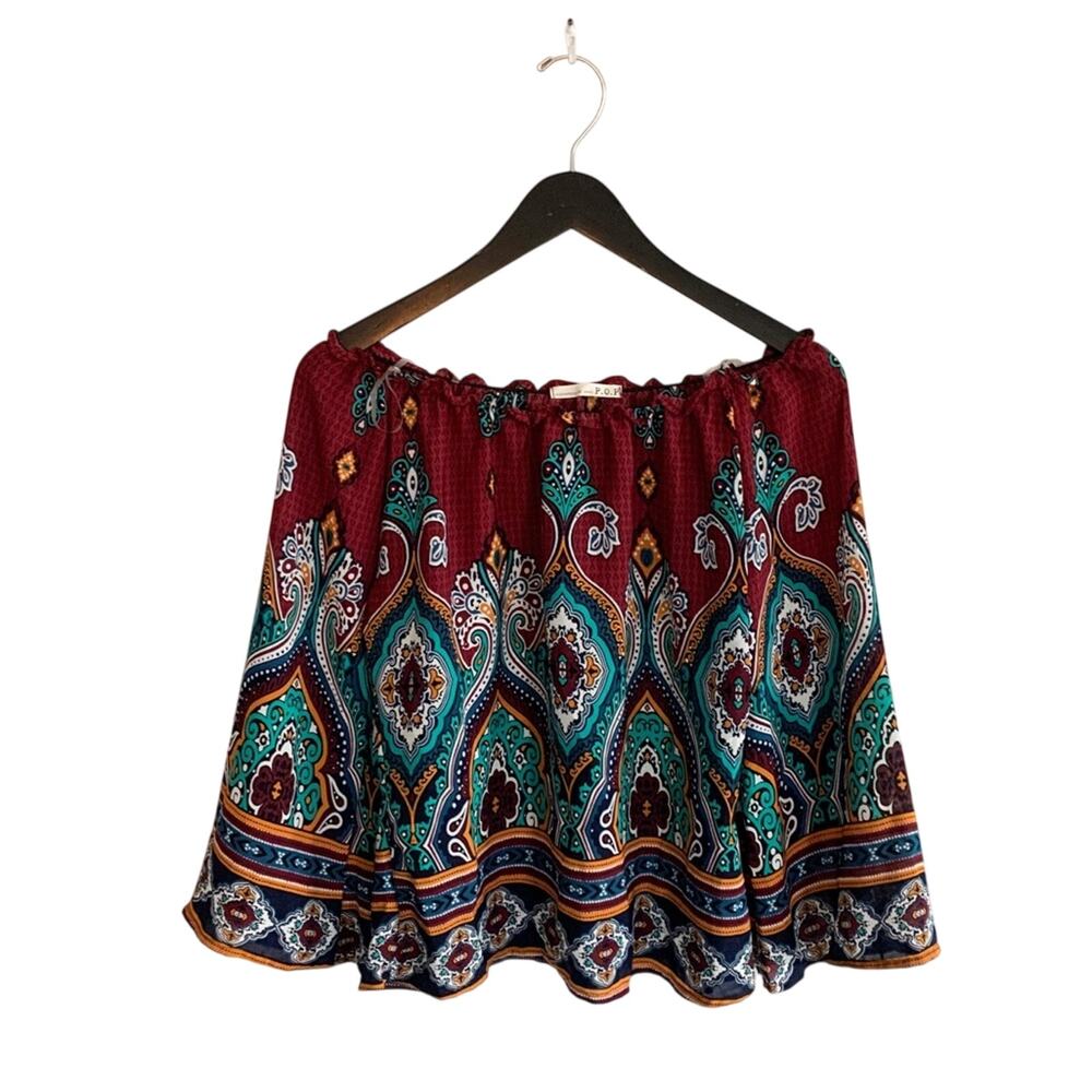 Red Lightweight Paisley Print Boho Off The Shoulder Top New Medium
